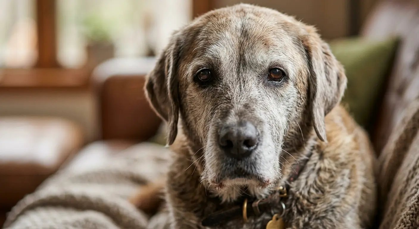 Nahaufnahme eines älteren Hundes mit müdem Blick