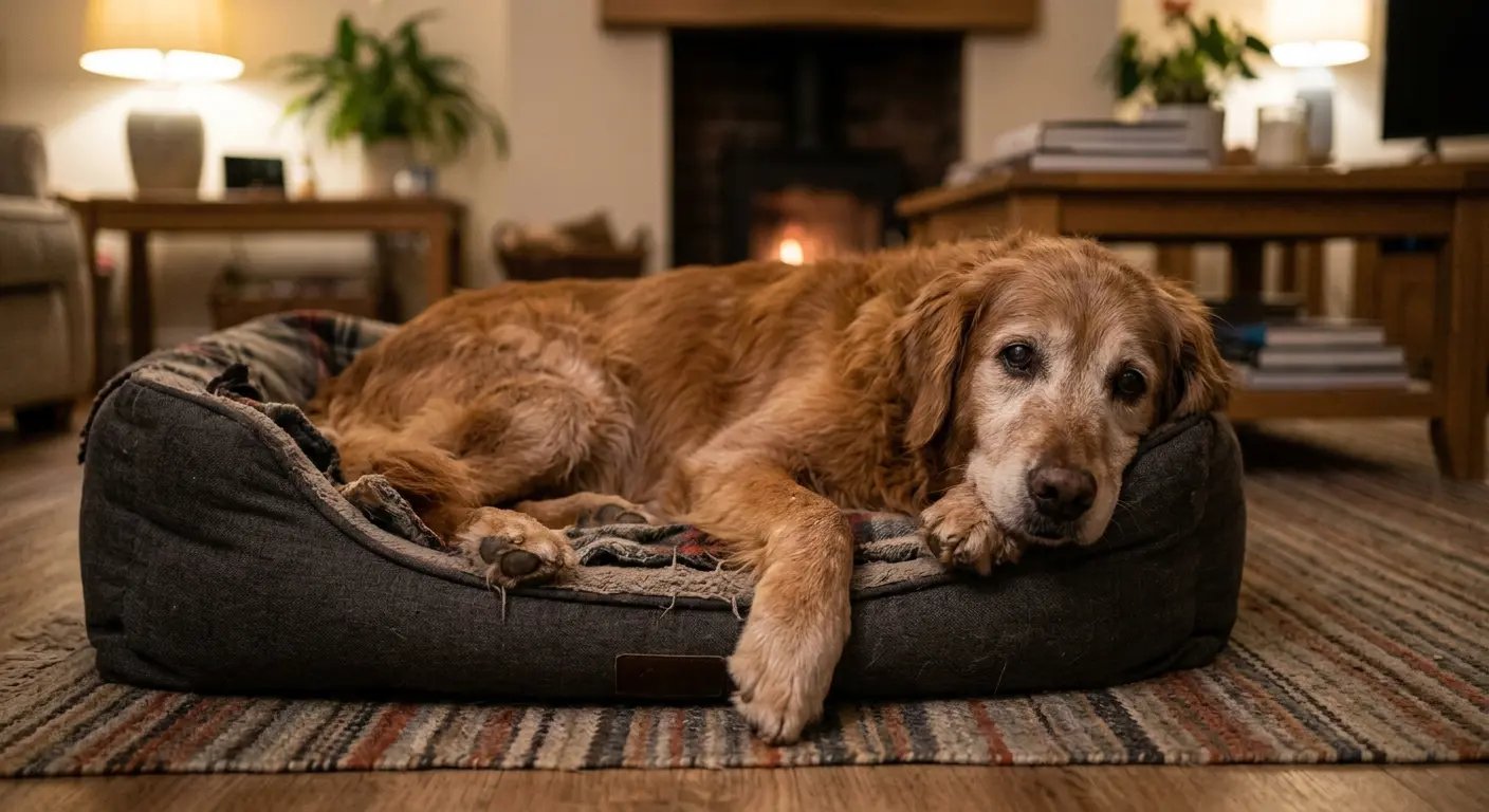 Hund liegt müde und steif im Körbchen