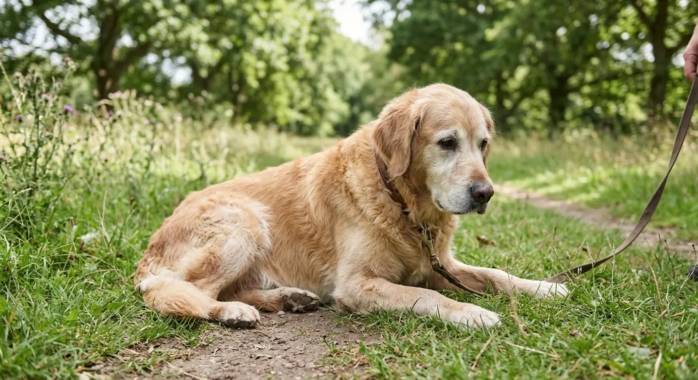 Älterer Hund sitzt steif beim Spaziergang und zeigt Anzeichen von Gelenkproblemen